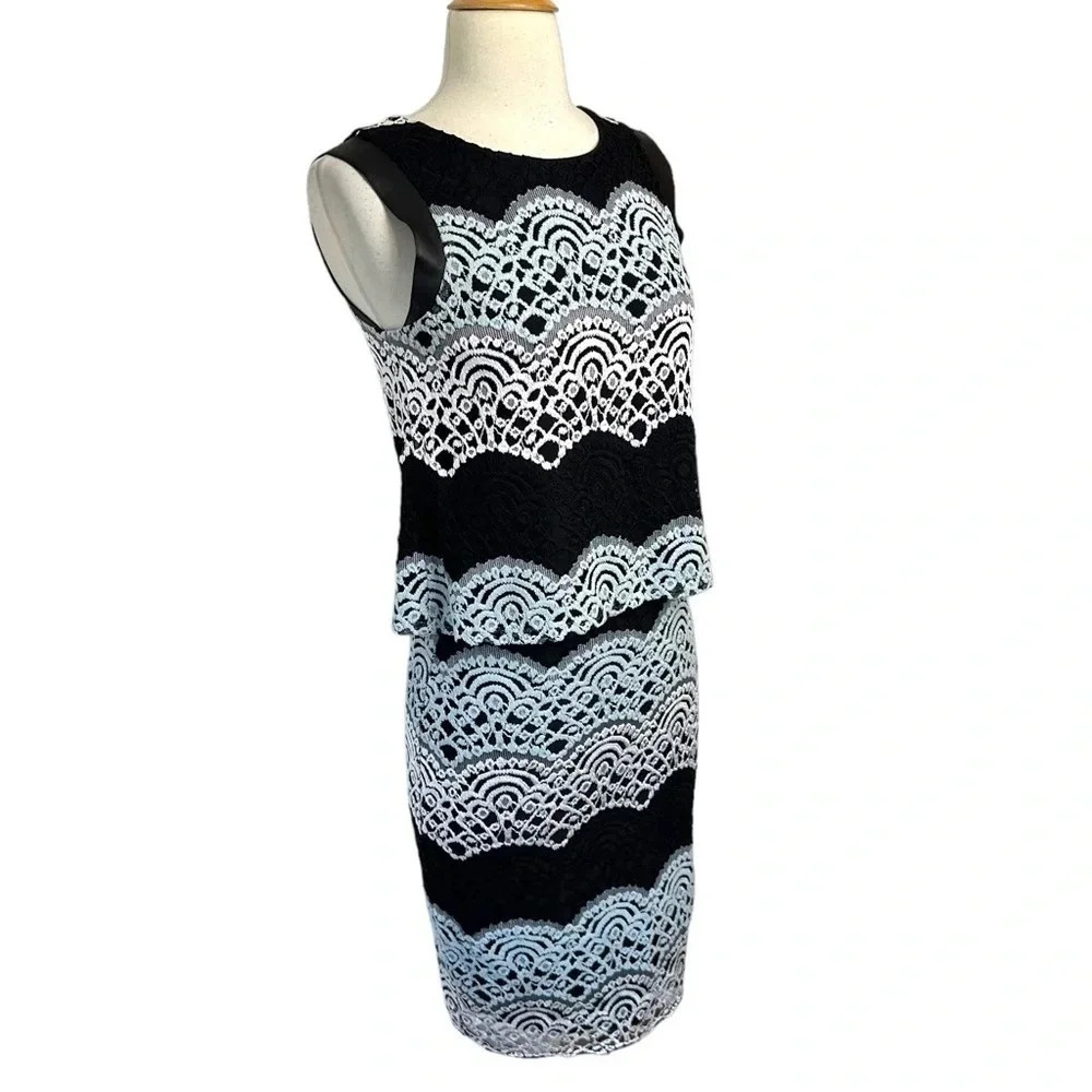 Aqua S black gray white color block lace sleeveless top & pencil skirt